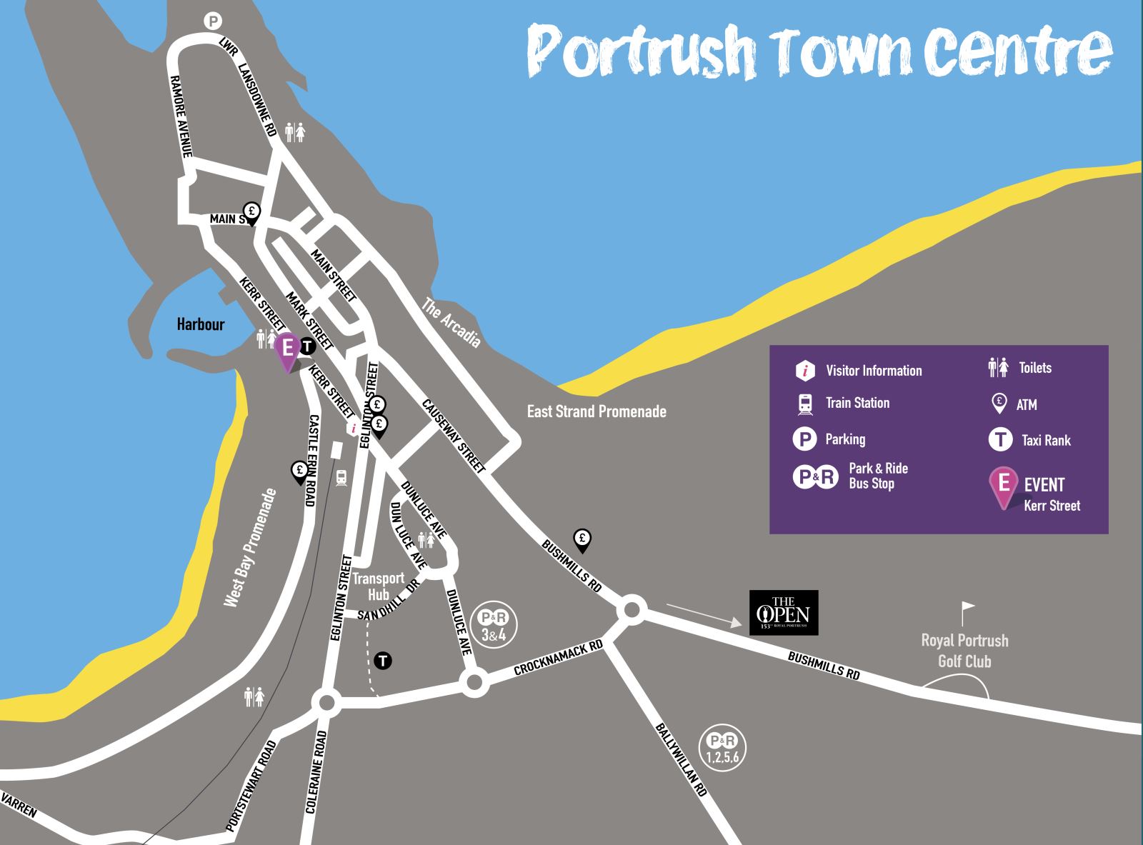 Portrush travel map highlighting route options for The Open